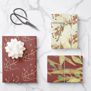 Burgundy and Gold Foliage Watercolor Assorted Wrapping Paper Sheet