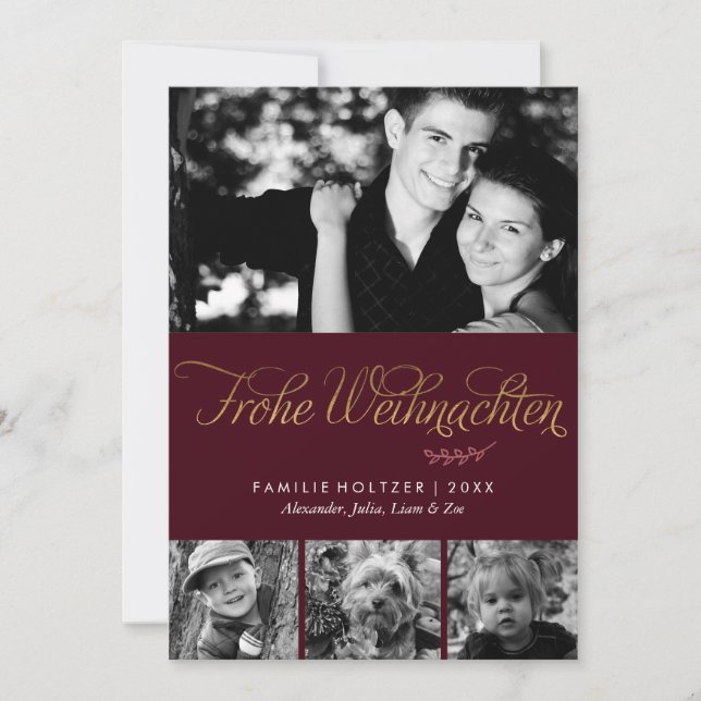 Burgundy and Gold Frohe Weihnachten Photo Holiday Card (Front)
