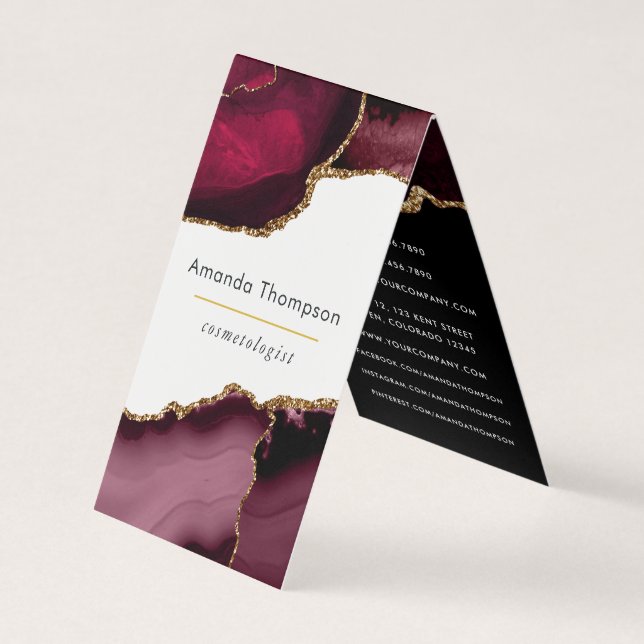 Burgundy and Gold Geode Agate Stone Business Card (Front)