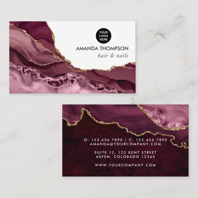 Burgundy and Gold Geode Agate Stone Business Card (Front/Back)
