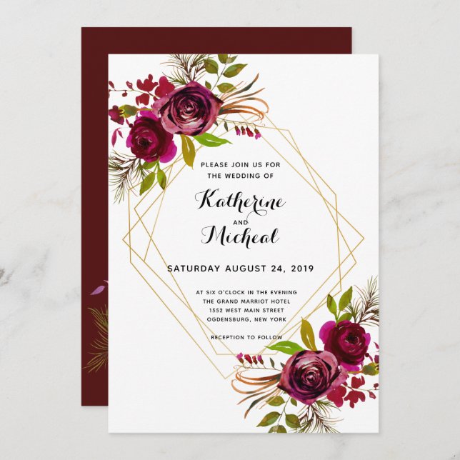 Burgundy and gold geometric wedding invitation. invitation (Front/Back)