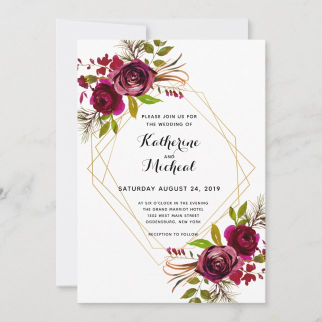 Burgundy and gold geometric wedding invitation. invitation (Front)