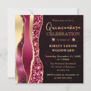 Burgundy and Gold Glam Tears Bokeh Quinceanera Invitation