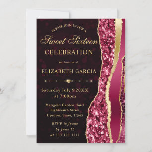 Burgundy and Gold Glam Tears Bokeh Sweet Sixteen Invitation