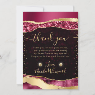 Burgundy and Gold Glam Tears Bokeh Sweet Sixteen Thank You Card