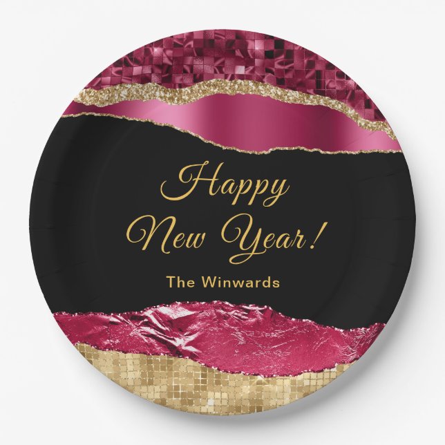 Burgundy and Gold Glam Tears Happy New Year Paper Plate (Front)