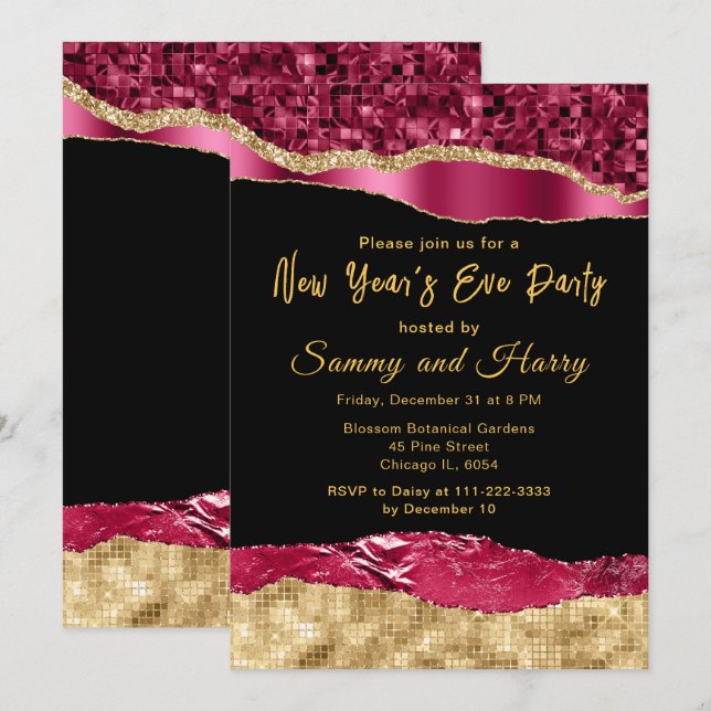 Burgundy and Gold Glam Tears New Year's Eve Party Invitation (Front/Back)