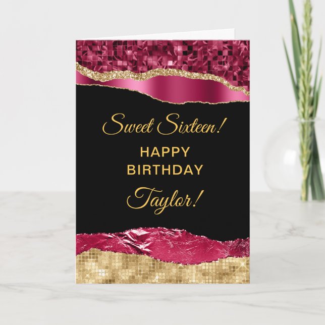 Burgundy and Gold Glam Tears Sweet Sixteen Card (Front)