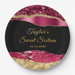 Burgundy and Gold Glam Tears Sweet Sixteen Paper Plate