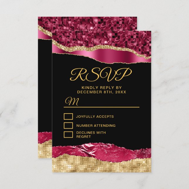 Burgundy and Gold Glam Tears Sweet Sixteen RSVP Card (Front/Back)