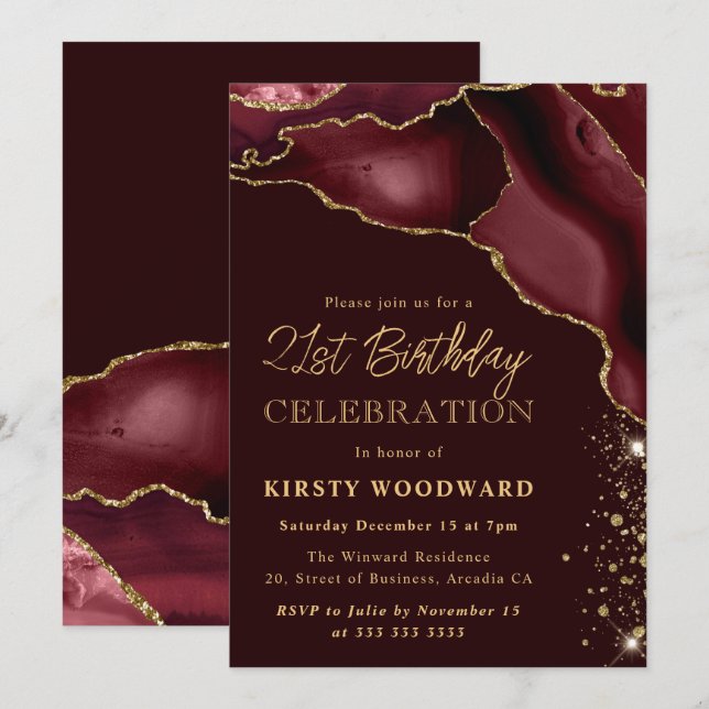 Burgundy and Gold Glitter Agate 21st Birthday Invitation (Front/Back)