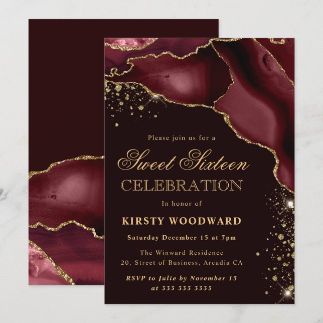Burgundy and Gold Glitter Agate 21st Birthday Invitation (Front/Back)