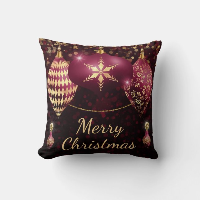 Burgundy and Gold Glitter Christmas Baubles Cushion (Front)