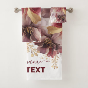 Burgundy and Gold Glitter floral Agate  Bath Towel Set