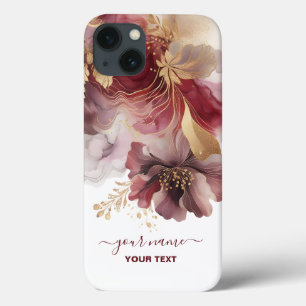 Burgundy and Gold Glitter floral Agate iPhone 13 Case