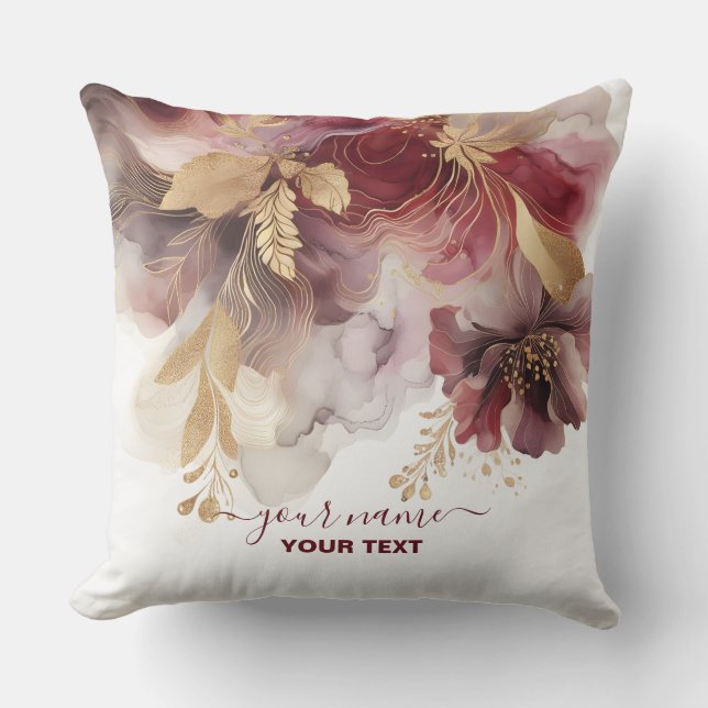 Burgundy and Gold Glitter floral Agate  Cushion (Front)