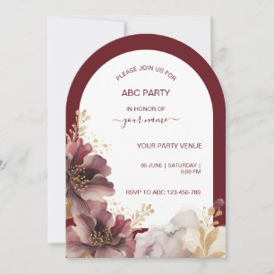 Burgundy and Gold Glitter floral Agate  Invitation