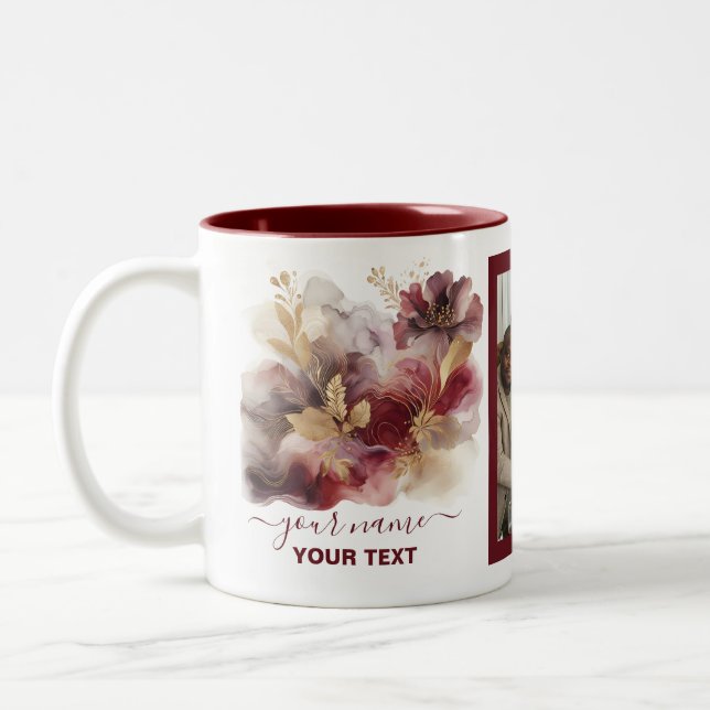 Burgundy and Gold Glitter floral Agate photo Two-Tone Coffee Mug (Left)