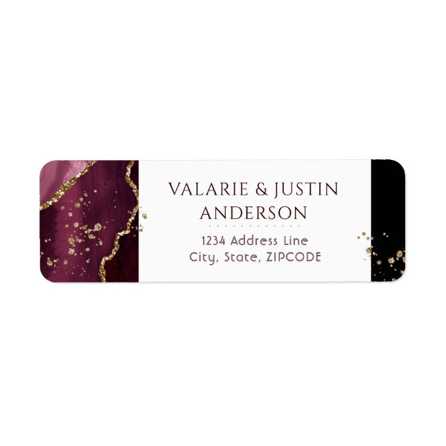 Burgundy and Gold Glitter Marble Wedding Label (Front)