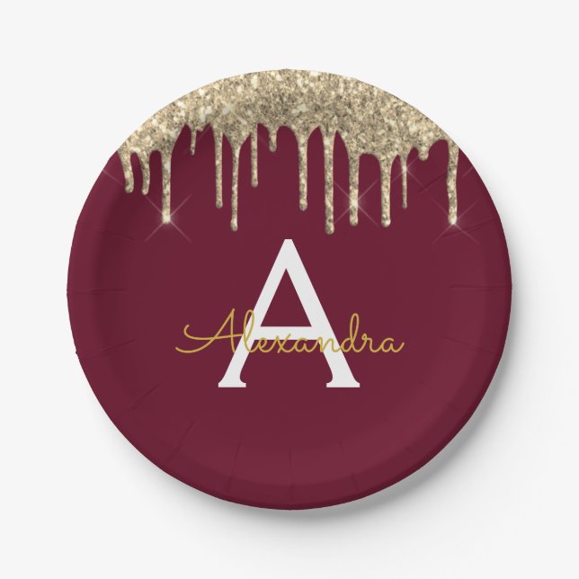 Burgundy and Gold Glitter Monogram Birthday Paper Plate (Front)
