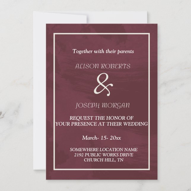 Burgundy and Gold Glitter Pocket  Wedding Card (Front)