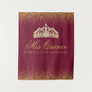 Burgundy and Gold Glitter Quinceanera Tapestry