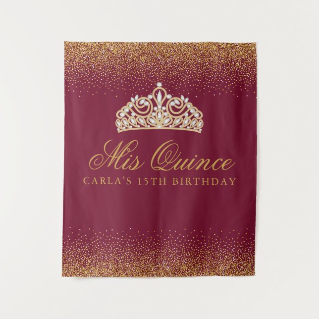 Burgundy and Gold Glitter Quinceanera Tapestry (Front)