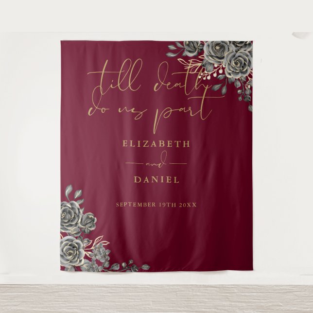 Burgundy And Gold Gothic Floral Wedding Photo Prop Tapestry (Front)