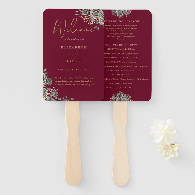 Burgundy And Gold Gothic Floral Wedding Program Hand Fan (Front and Back)