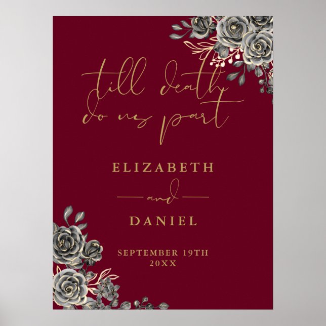Burgundy And Gold Gothic Roses Floral Wedding Sign (Front)