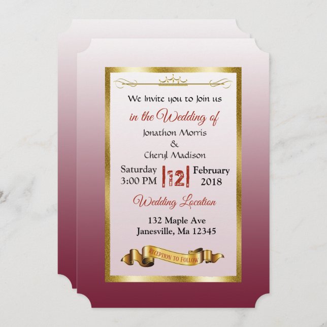 Burgundy and Gold  Gradient Wedding Invitations (Front/Back)