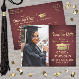 Burgundy and Gold Graduation Photo Save the Date Postcard