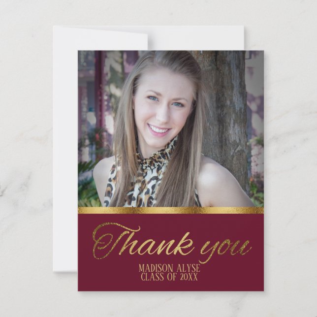 Burgundy and Gold Graduation Photo Thank You Card (Front)