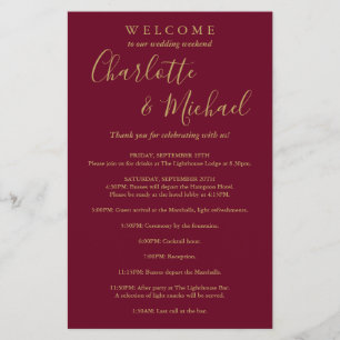 Burgundy and Gold Guest Wedding Weekend Program