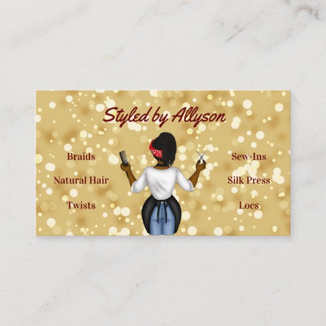 Burgundy and Gold Hair Stylist Business Card (Front)