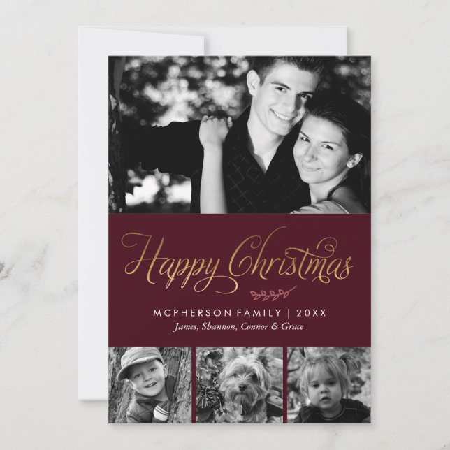 Burgundy and Gold Happy Christmas Photo Holiday Card (Front)