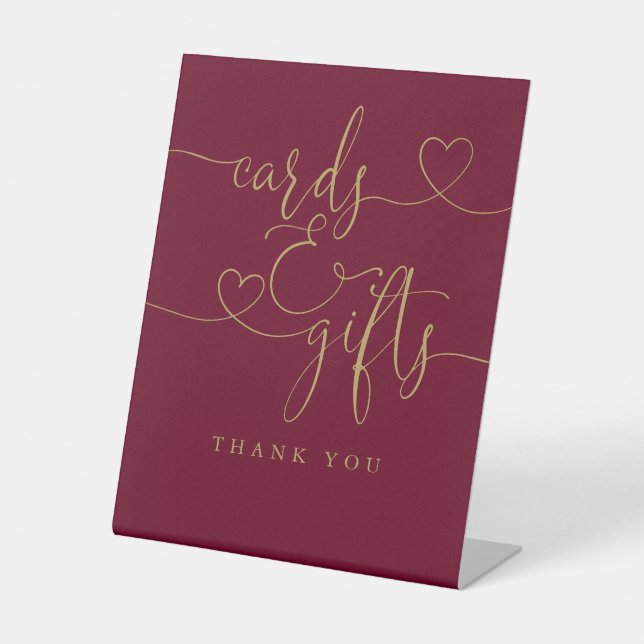 Burgundy And Gold Heart Script Cards And Gifts Pedestal Sign (Front)