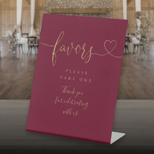 Burgundy And Gold Heart Script Favours Pedestal Sign
