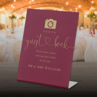 Burgundy And Gold Heart Script Photo Guest Book