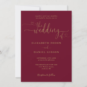 Burgundy And Gold Heart Script QR Code Wedding Invitation