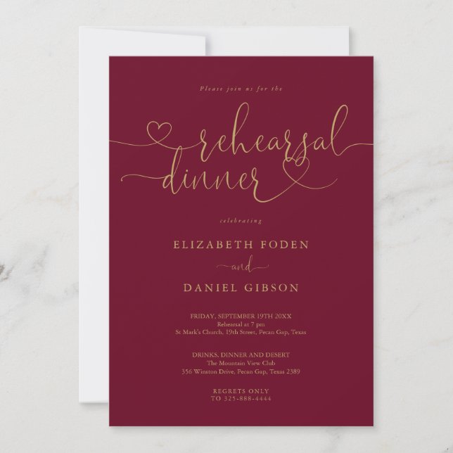Burgundy And Gold Heart Script Rehearsal Dinner Invitation (Front)