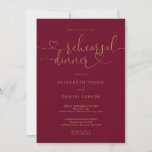 Burgundy And Gold Heart Script Rehearsal Dinner Invitation<br><div class="desc">Elegant burgundy and gold heart script rehearsal dinner invitation featuring your names and rehearsal dinner details set in chic text. Designed by Thisisnotme©</div>