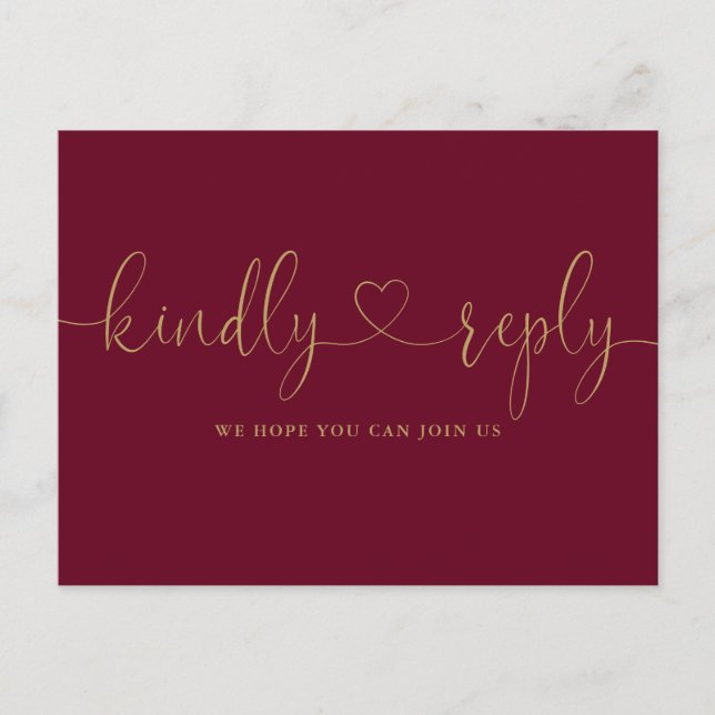 Burgundy And Gold Heart Script Song Request RSVP Invitation Postcard (Front)