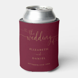 Burgundy And Gold Heart Script Wedding Can Cooler
