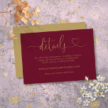 Burgundy And Gold Heart Script Wedding Details Enclosure Card<br><div class="desc">This elegant burgundy and gold heart script wedding details enclosure card can be personalised with your information in chic typography. Designed by Thisisnotme©</div>