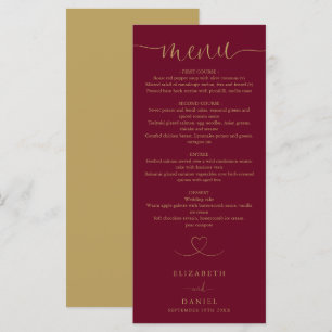 Burgundy And Gold Heart Script Wedding Dinner Menu