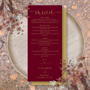 Burgundy And Gold Heart Script Wedding Dinner Menu