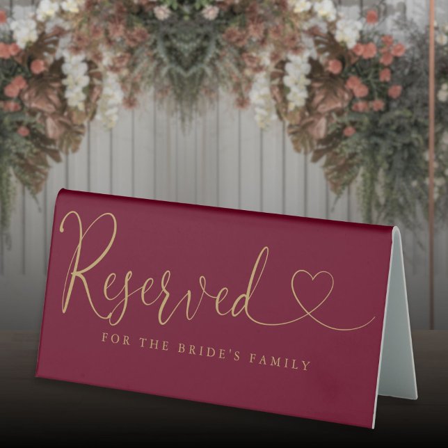 Burgundy And Gold Heart Script Wedding Reserved (Burgundy And Gold Heart Script Wedding Reserved Table Tent)