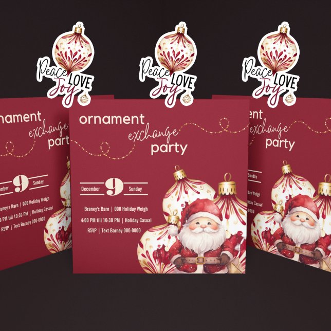 Burgundy and Gold Holiday Ornaments with Santa Invitation (Christmas ornament exchange holiday party with Santa in burgundy and ivory- grab matching stickers)