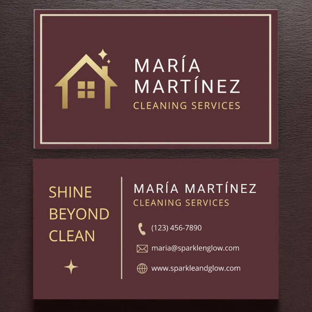 Burgundy and Gold House Cleaning Services Business Card (Creator Uploaded)